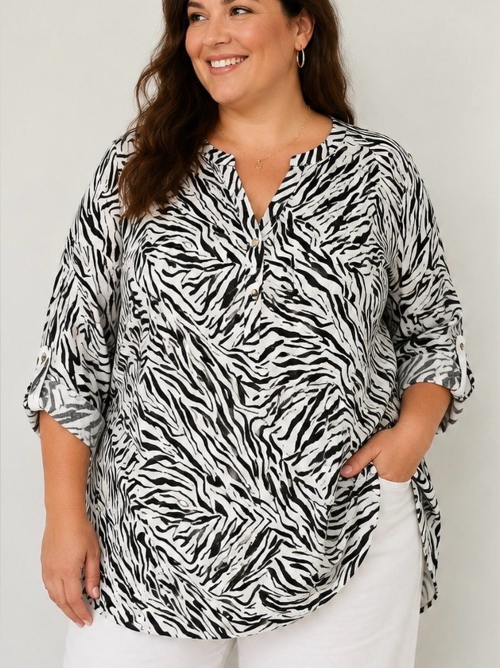 Cynthia Rowley 100% Linen Zebra Print Button Front Tunic Blouse Black White 1X - Picture 2 of 7